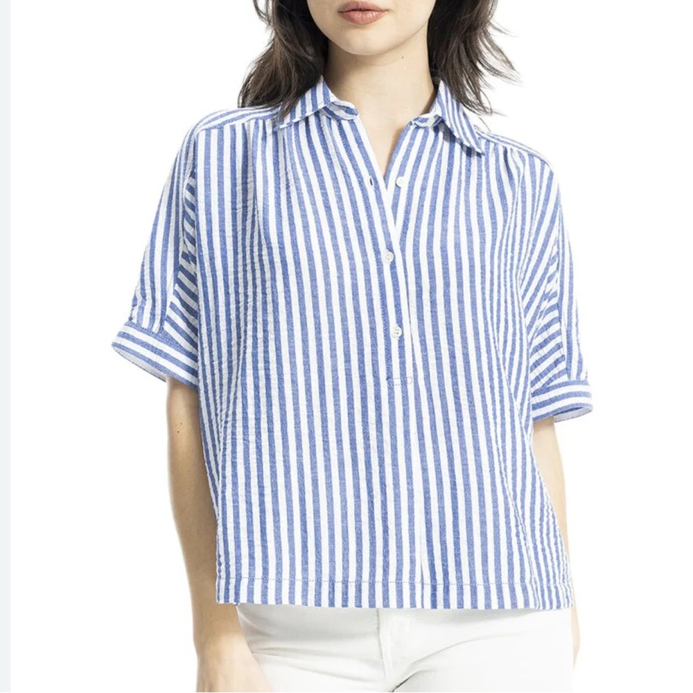 NWT Max Studio Boxy Crop Stripe Costal Blue White Top Size Small